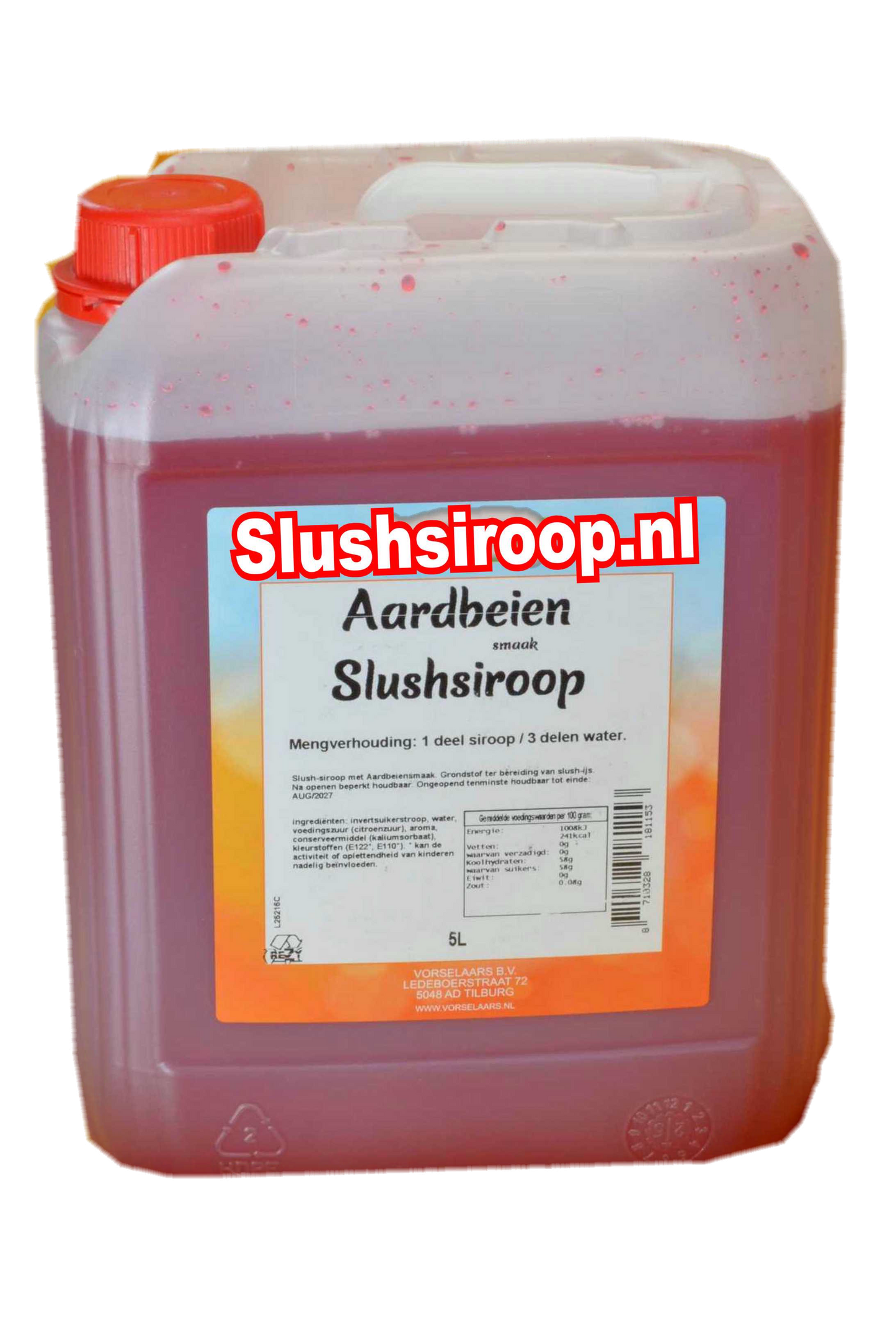 Slushsiroop AARDBEIEN - tank met 5 ltr - Vorselaars - Slushsiroop.nl