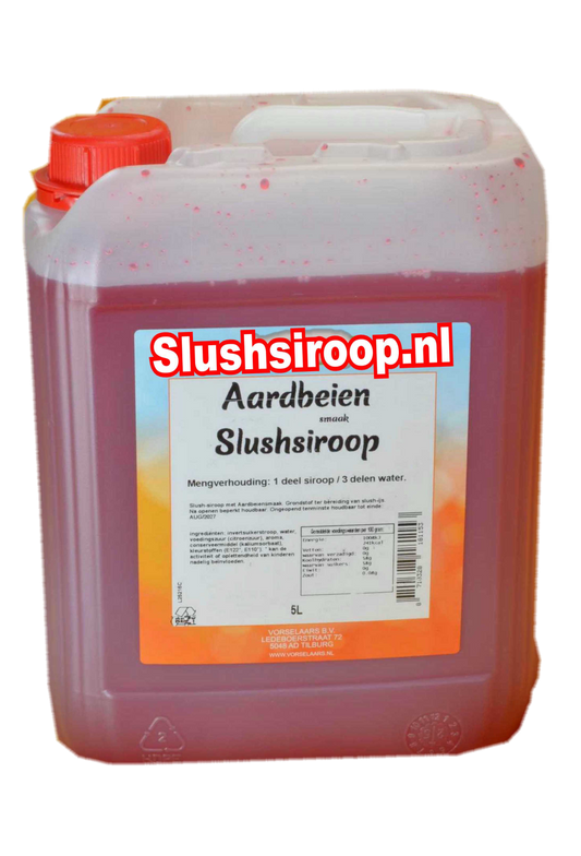 Slushsiroop AARDBEIEN - tank met 5 ltr - Vorselaars - Slushsiroop.nl